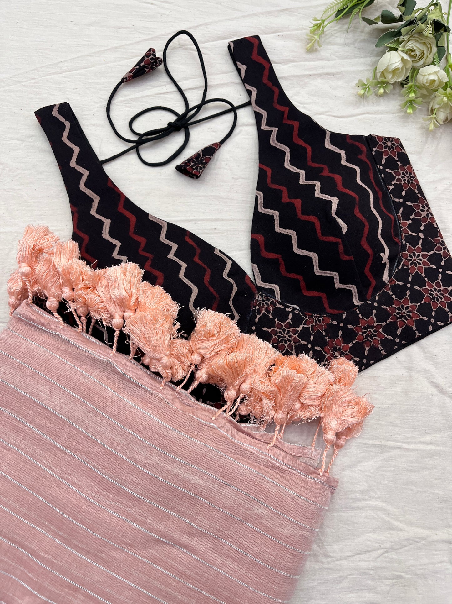 Oyster Pink Saree & Zig Zag Black Ajrakh Blouse Set.