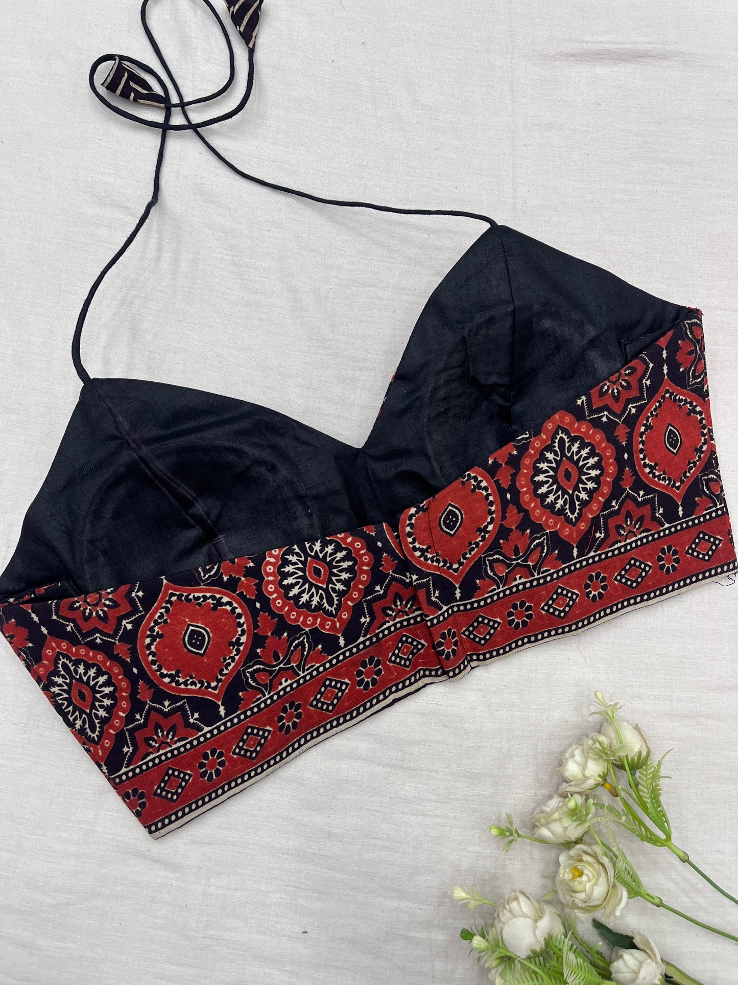 Rusty Black Badam Ajrakh Cotton Saree Blouse Set