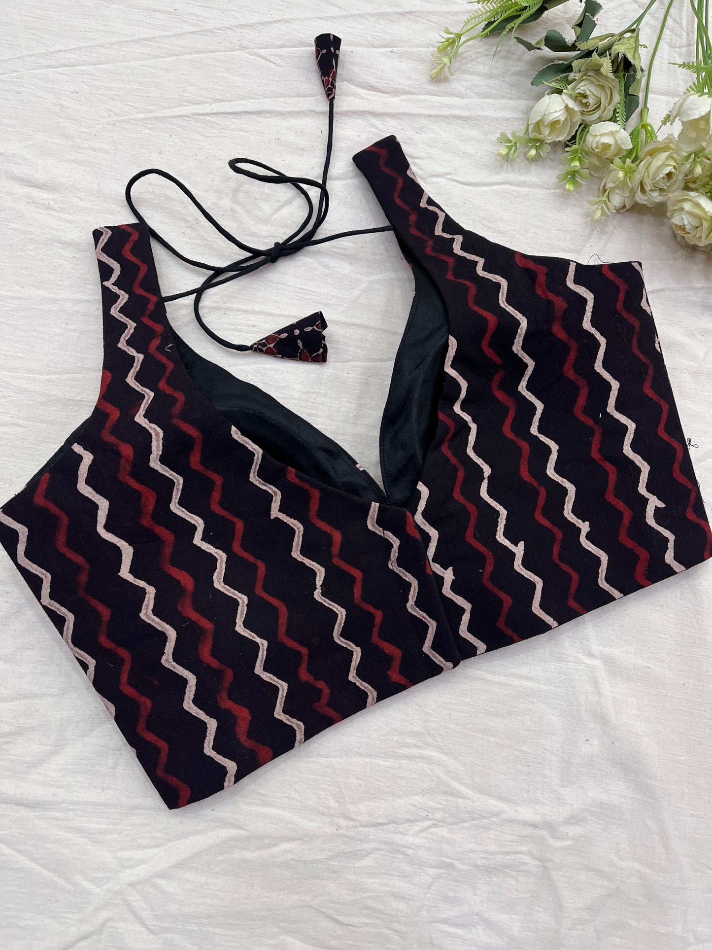 Black & Maroon Ajrakh Print Sleeveless Blouse