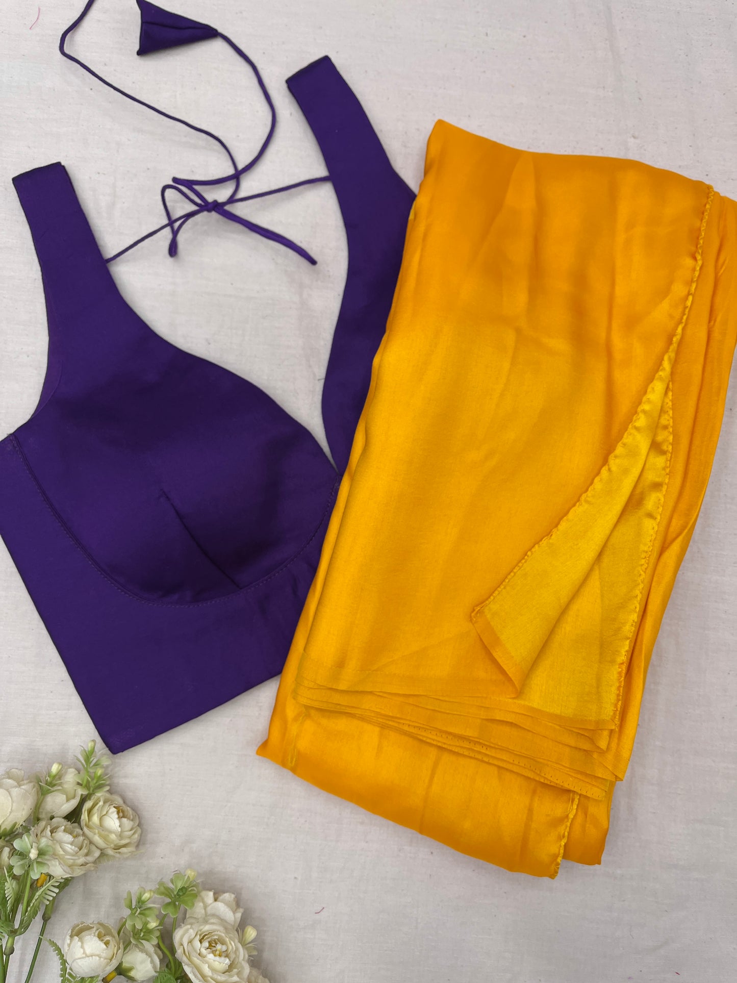 Yellow Purple Solid Saree Blouse Combo Set