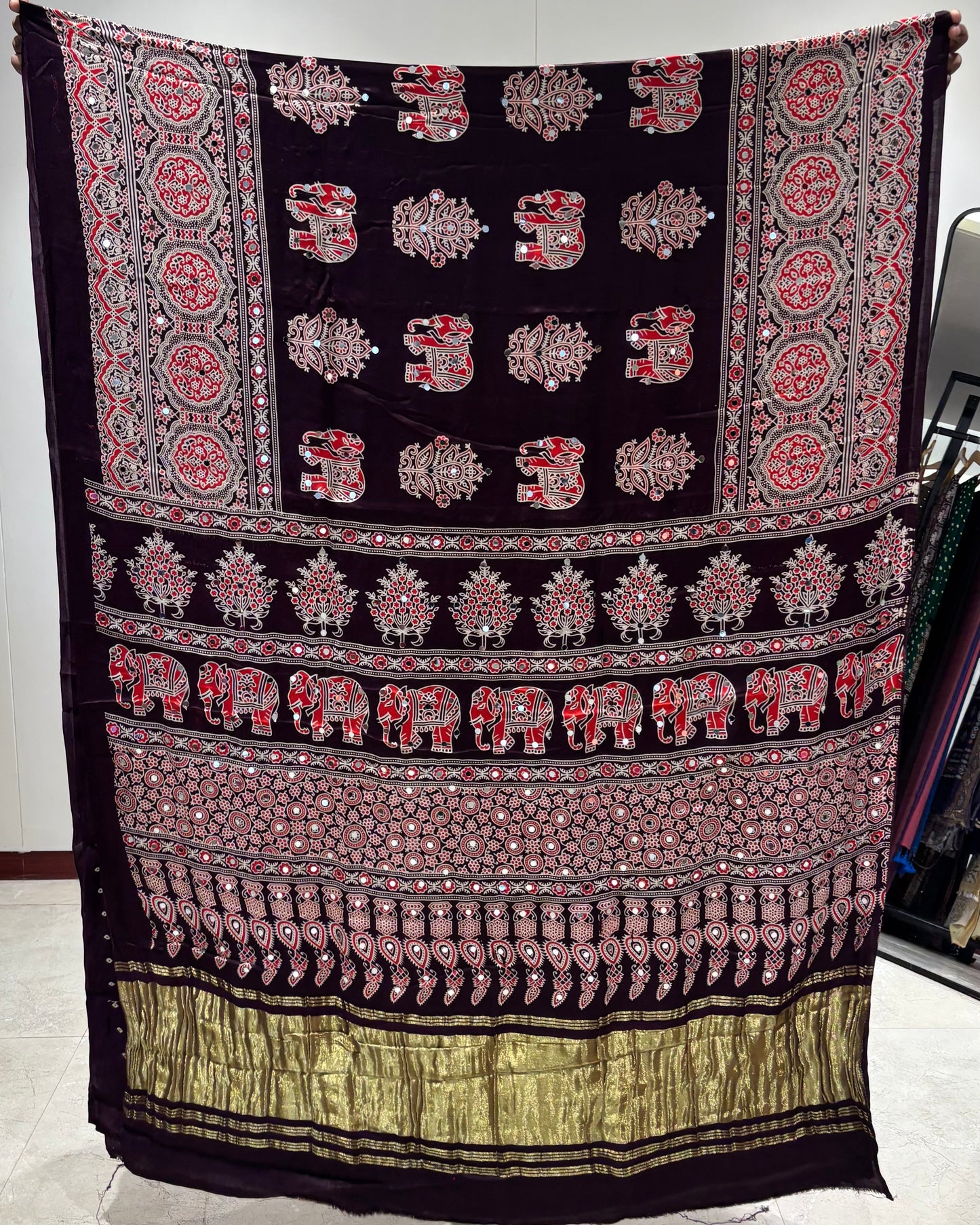 Wine Elephant Ajrakh mirror saree (Ready To Ship)
