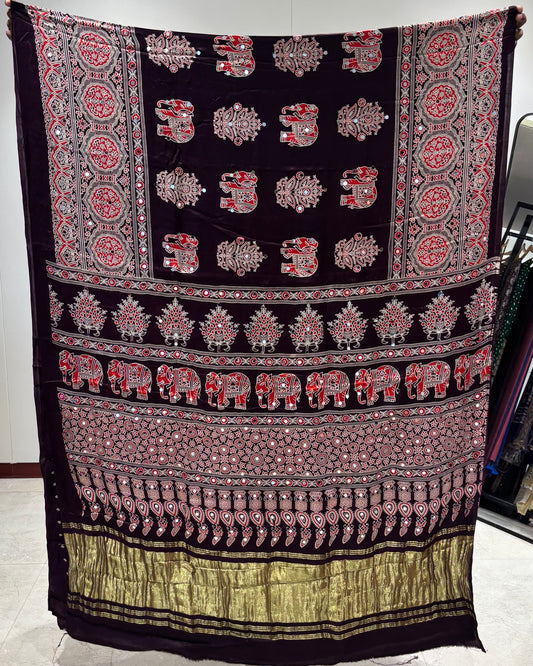 Wine Elephant Ajrakh mirror saree (Ready To Ship)