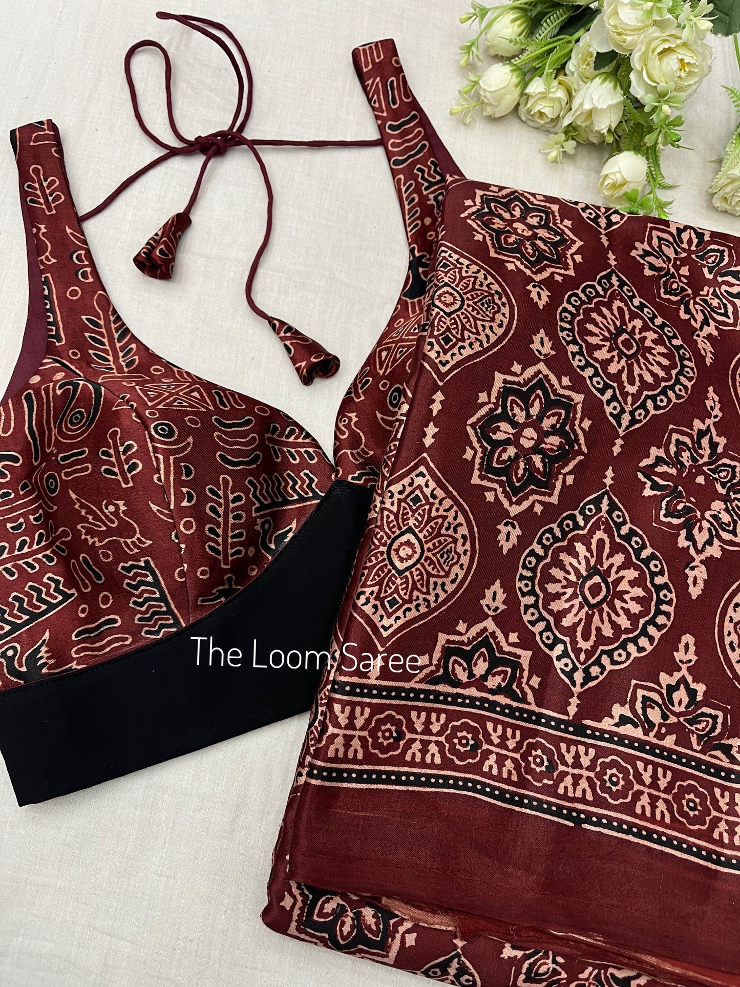 Maroon Glossy Badam Print Ajrakh Saree Blouse Set