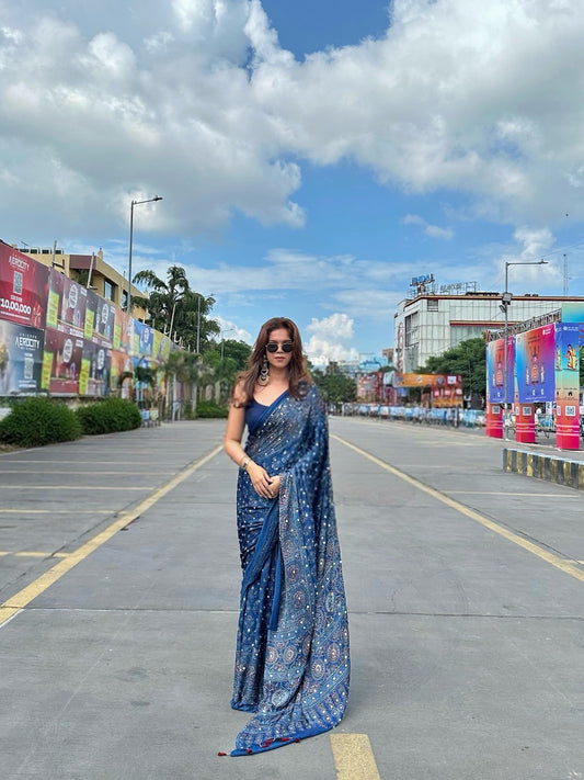 Neel Tara Pure Ajrakh Modal Silk Glued Mirror Saree (20th Nov)
