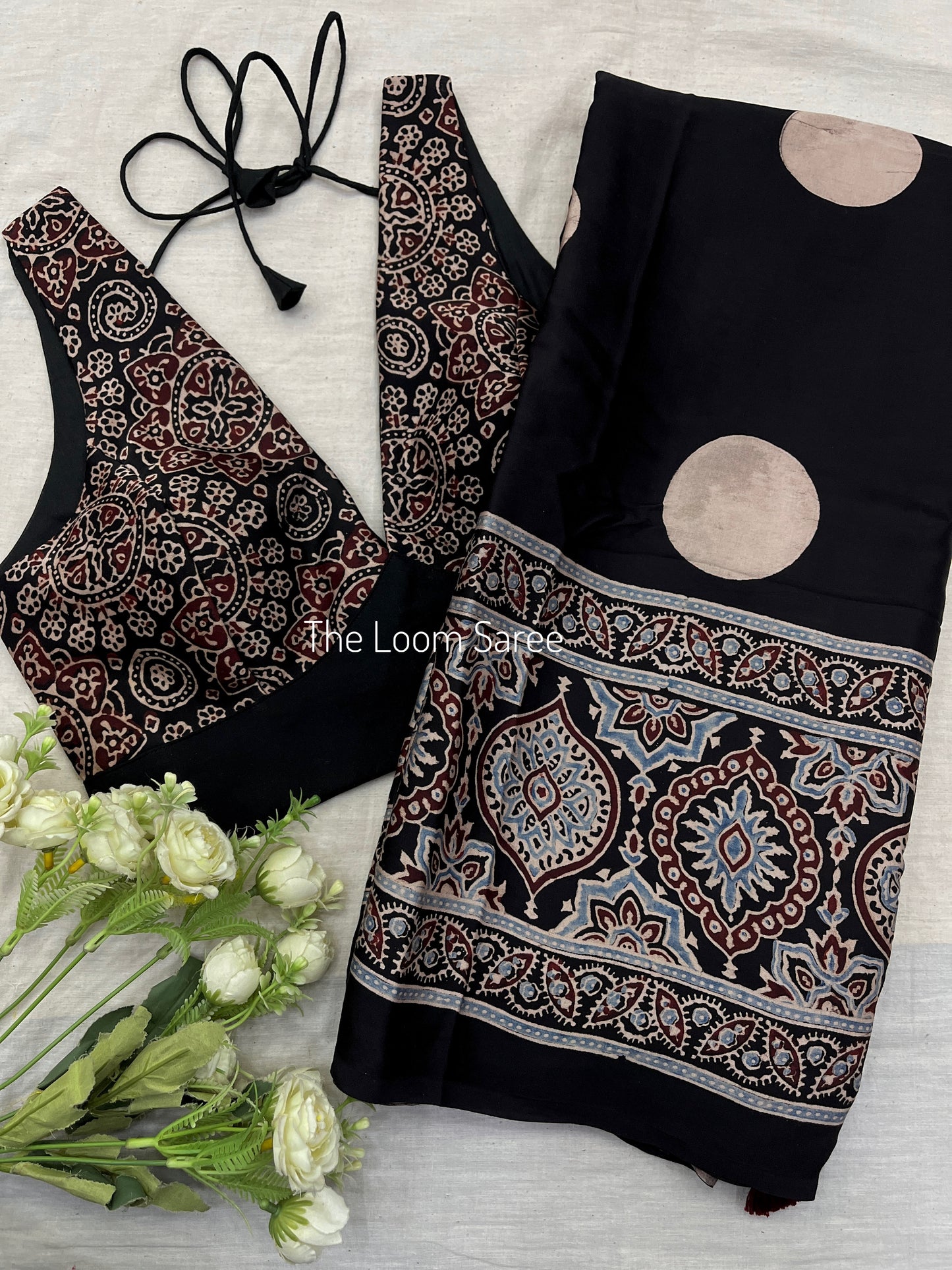 Black Polka Badam Ajrakh Saree Blouse Combo Set.