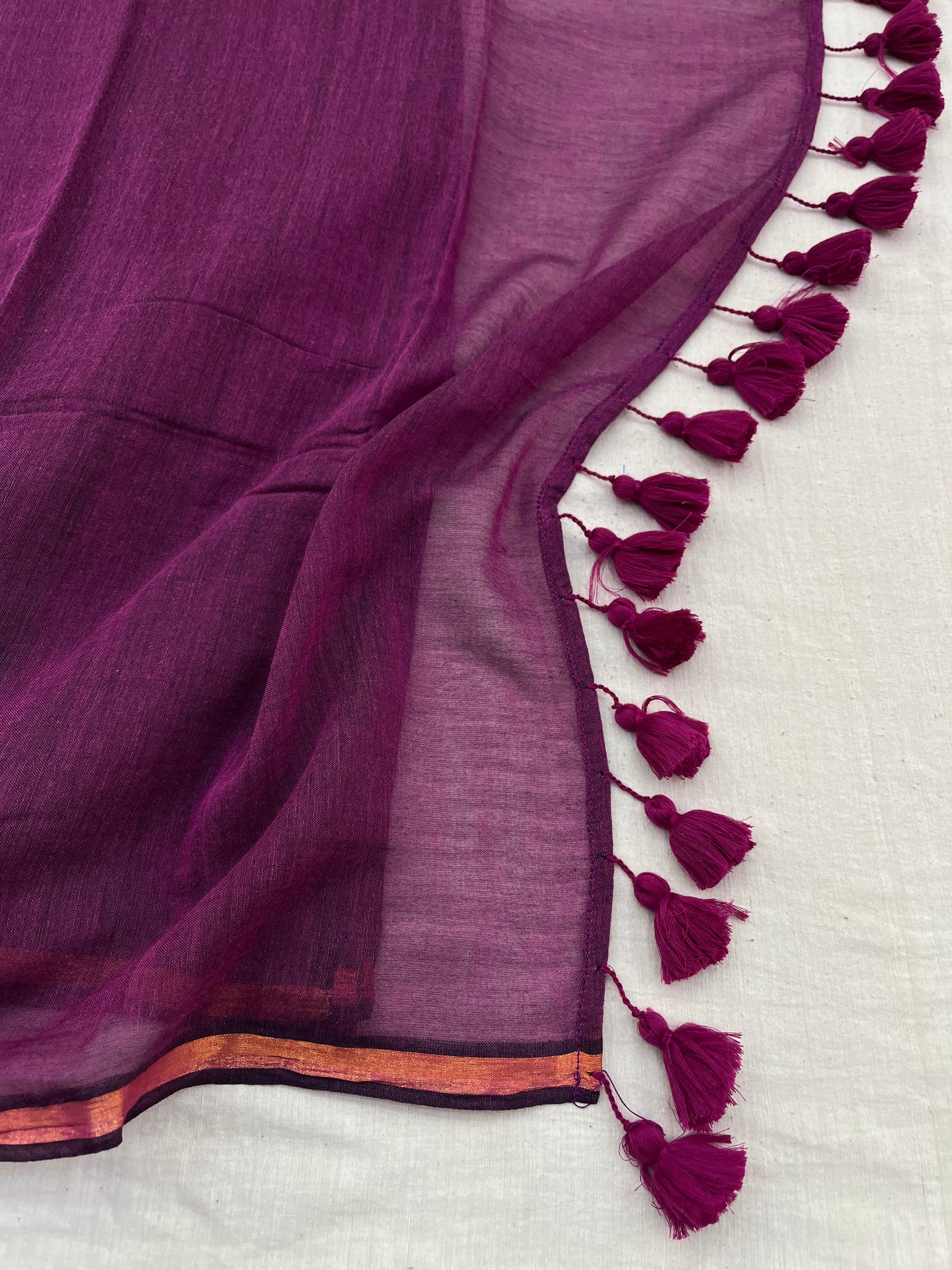 Magenta Copper Zari Border Mulmul Saree