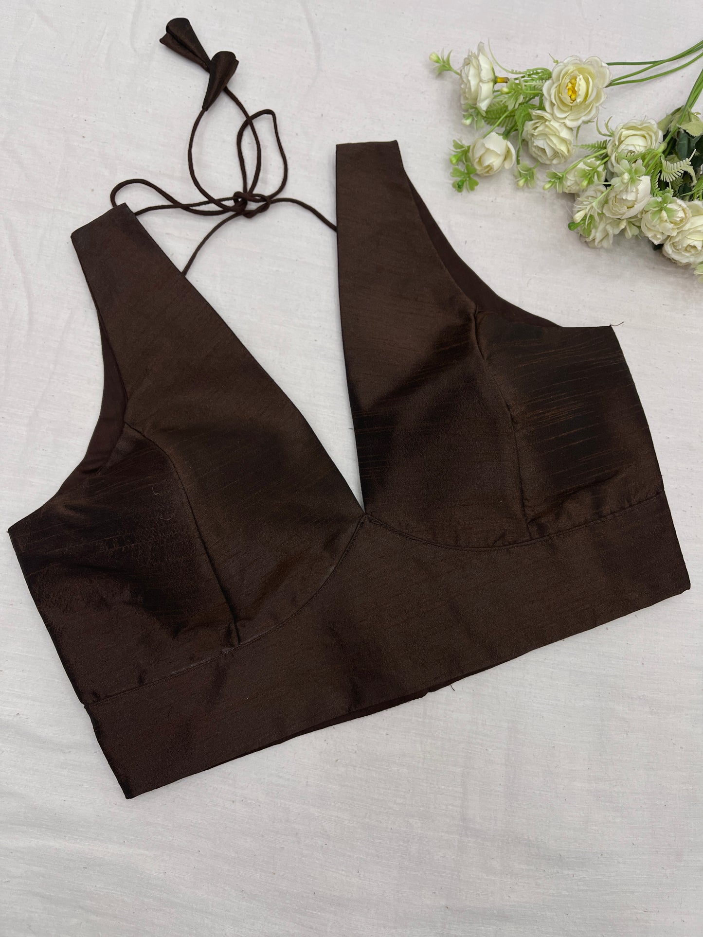 Coffee Cross Belt Raw Silk Blouse