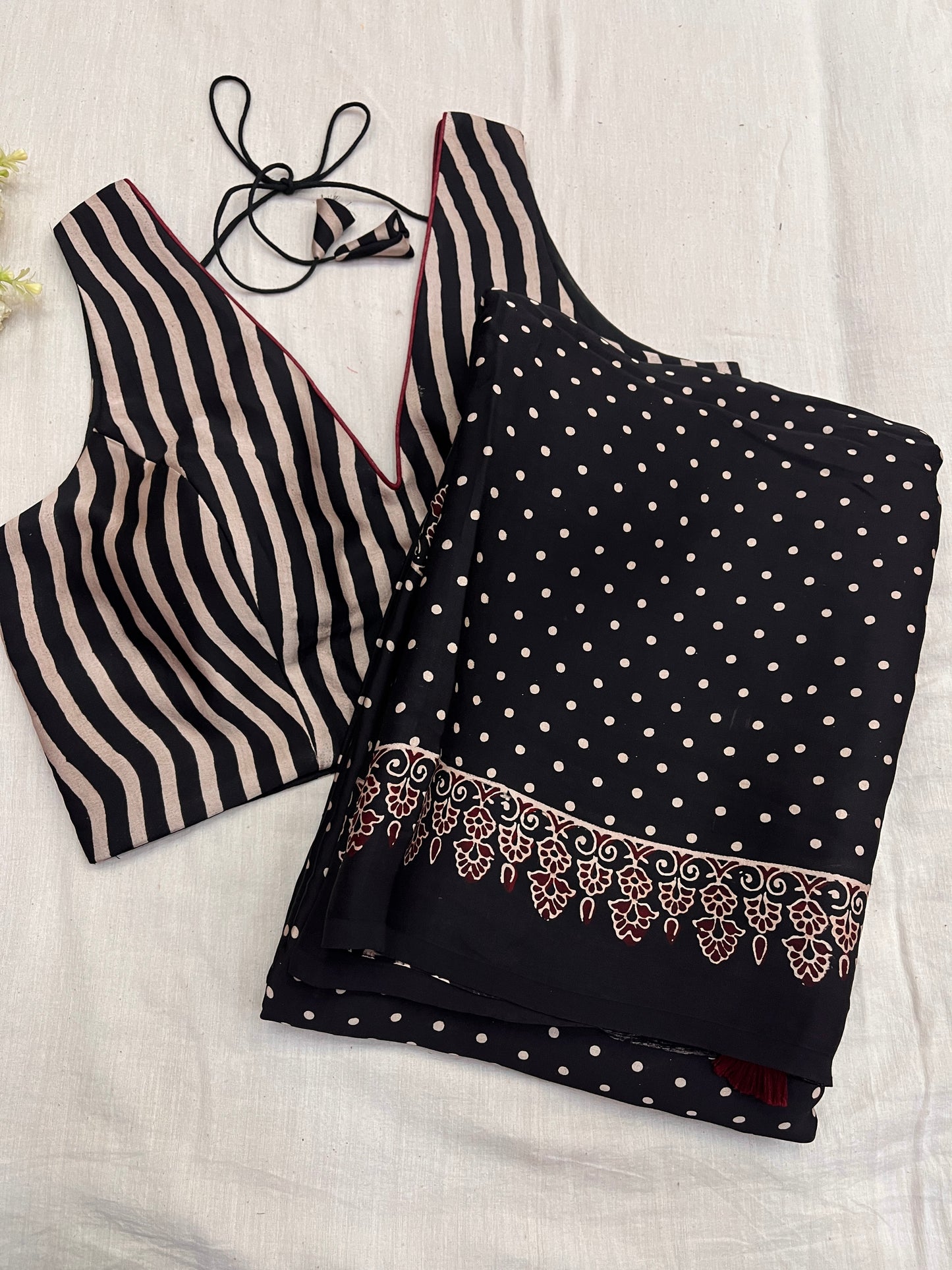 Black & Cream Extra Dotted With Stripe Blouse Ajrakh Combo Set.