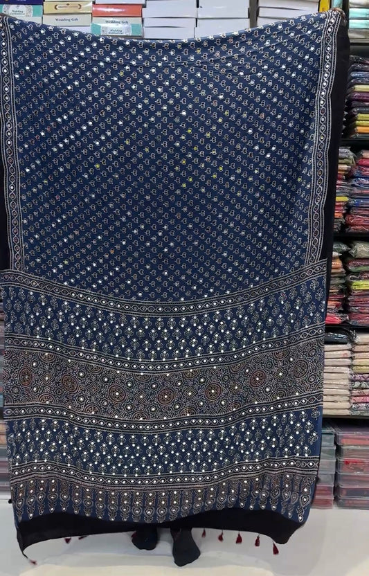 Blue Lotus Jalna Ajrakh Mirror Saree (Dispatch Start 10th Jan)