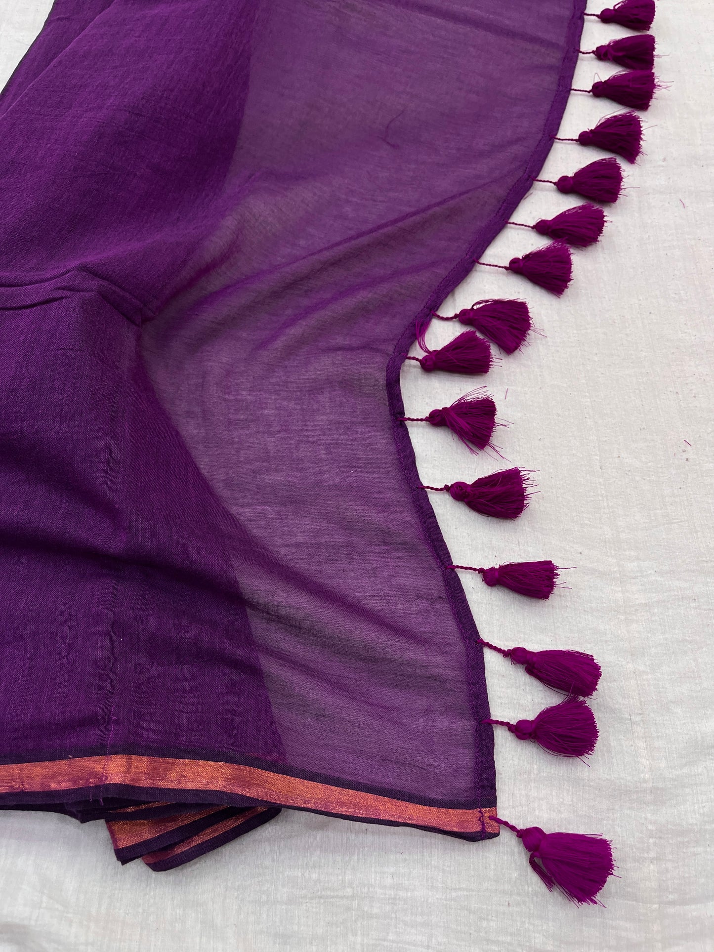 Purple Copper Zari Border Mulmul Saree