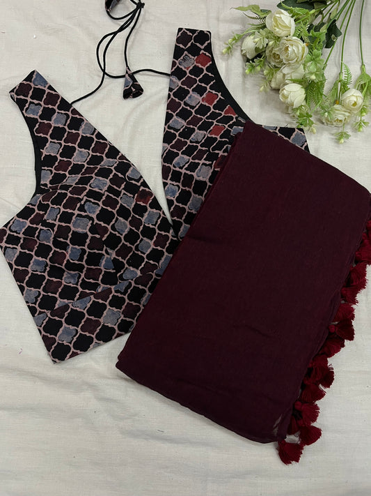 Maroon Mulmul Saree & Black Coffee Ajrakh Blouse Set