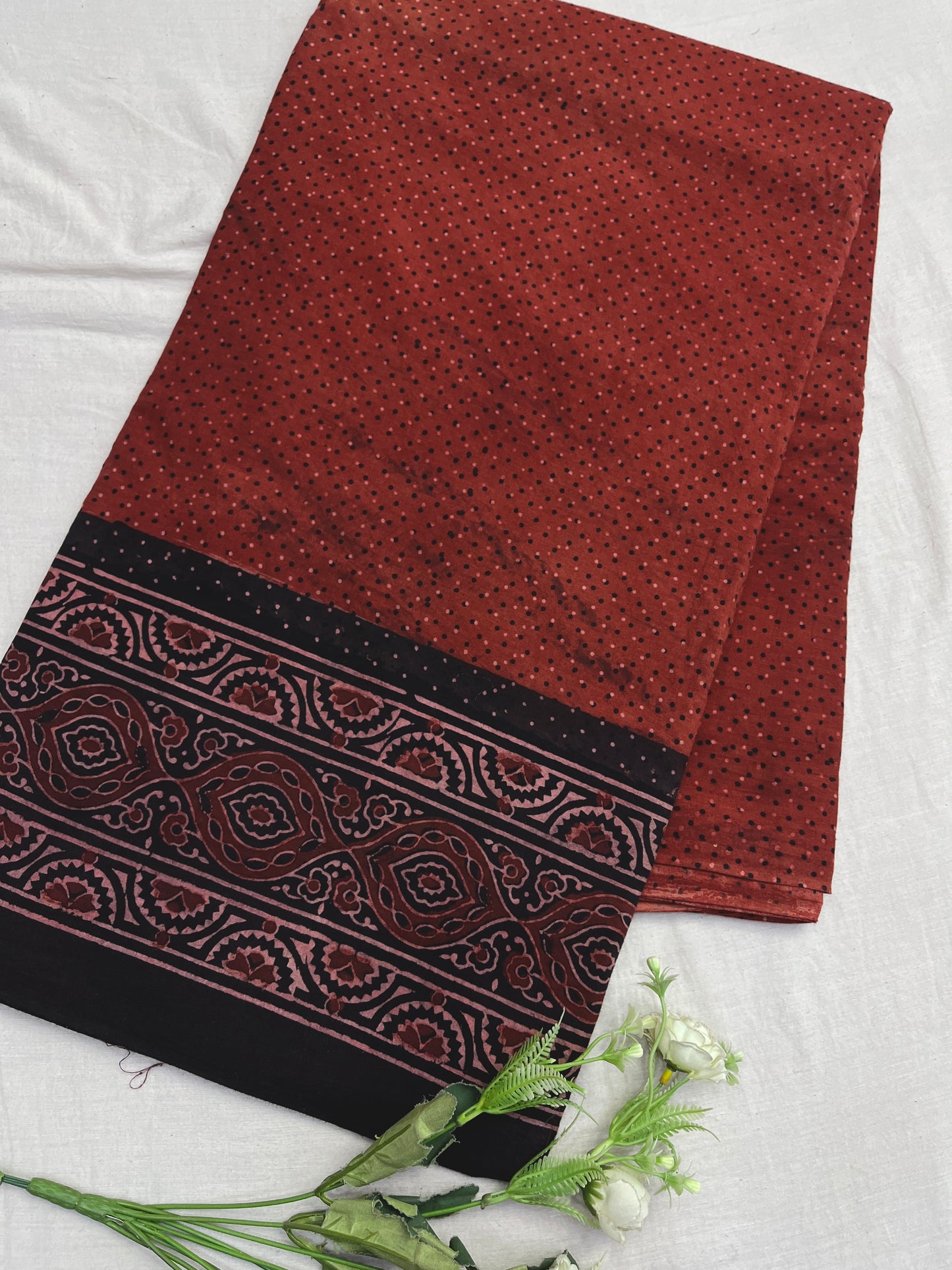 Rust Dotted Ajrakh Border Cotton Fabric