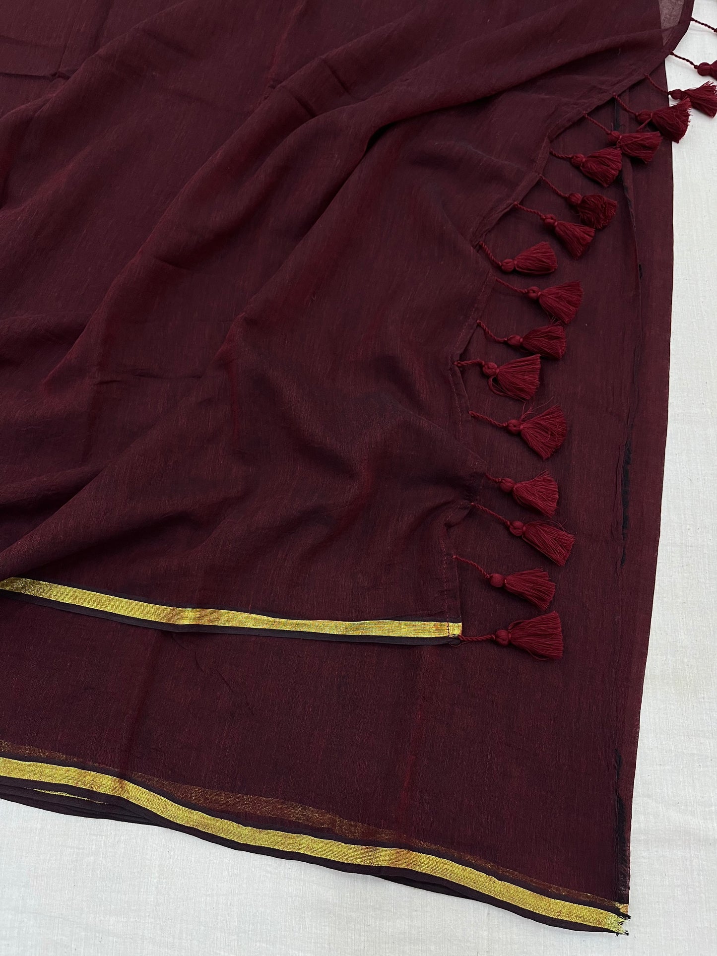 Maroon Gold Zari Border Mulmul Saree