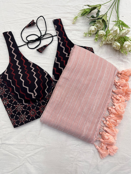 Oyster Pink Saree & Zig Zag Black Ajrakh Blouse Set.