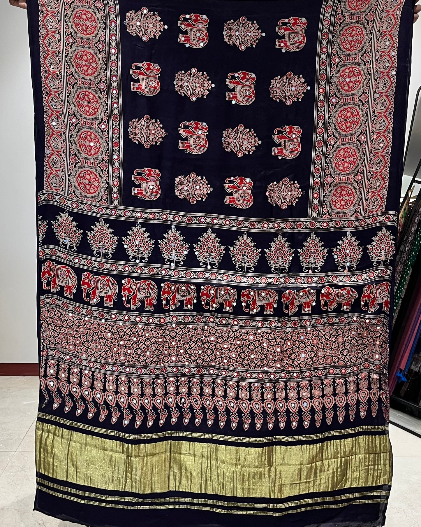 Blue Elephant Ajrakh Mirror Saree (Pre-order Dispatch Starts 15th Aug 2026)