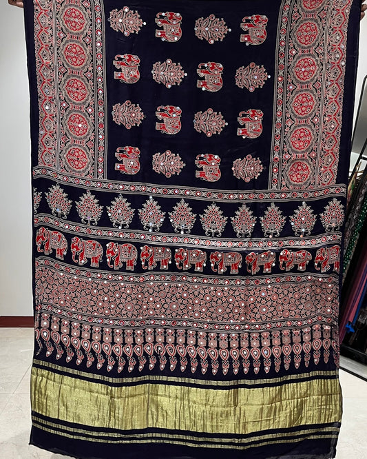 Blue Elephant Ajrakh Mirror Saree (Pre-order Dispatch Starts 15th Aug 2026)