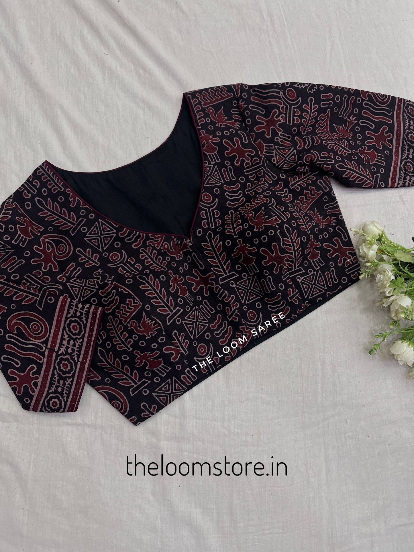 Black Cotton Badam Ajrakh Block Print Saree Blouse Set.