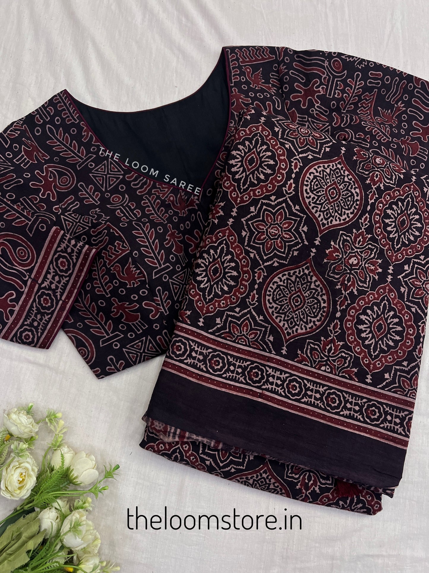 Black Cotton Badam Ajrakh Block Print Saree Blouse Set.