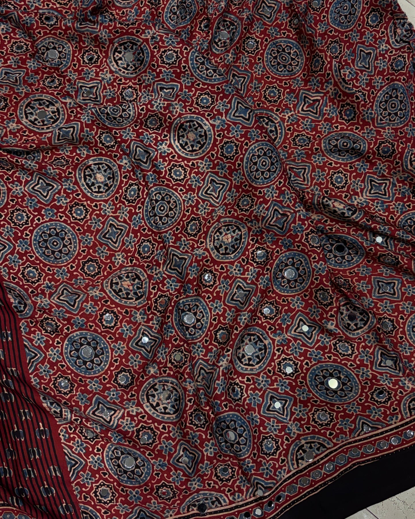 Maroon lotus stripes Ajrakh Mirror Saree (Pre-order Dispatch Starts 15th Aug 2026)