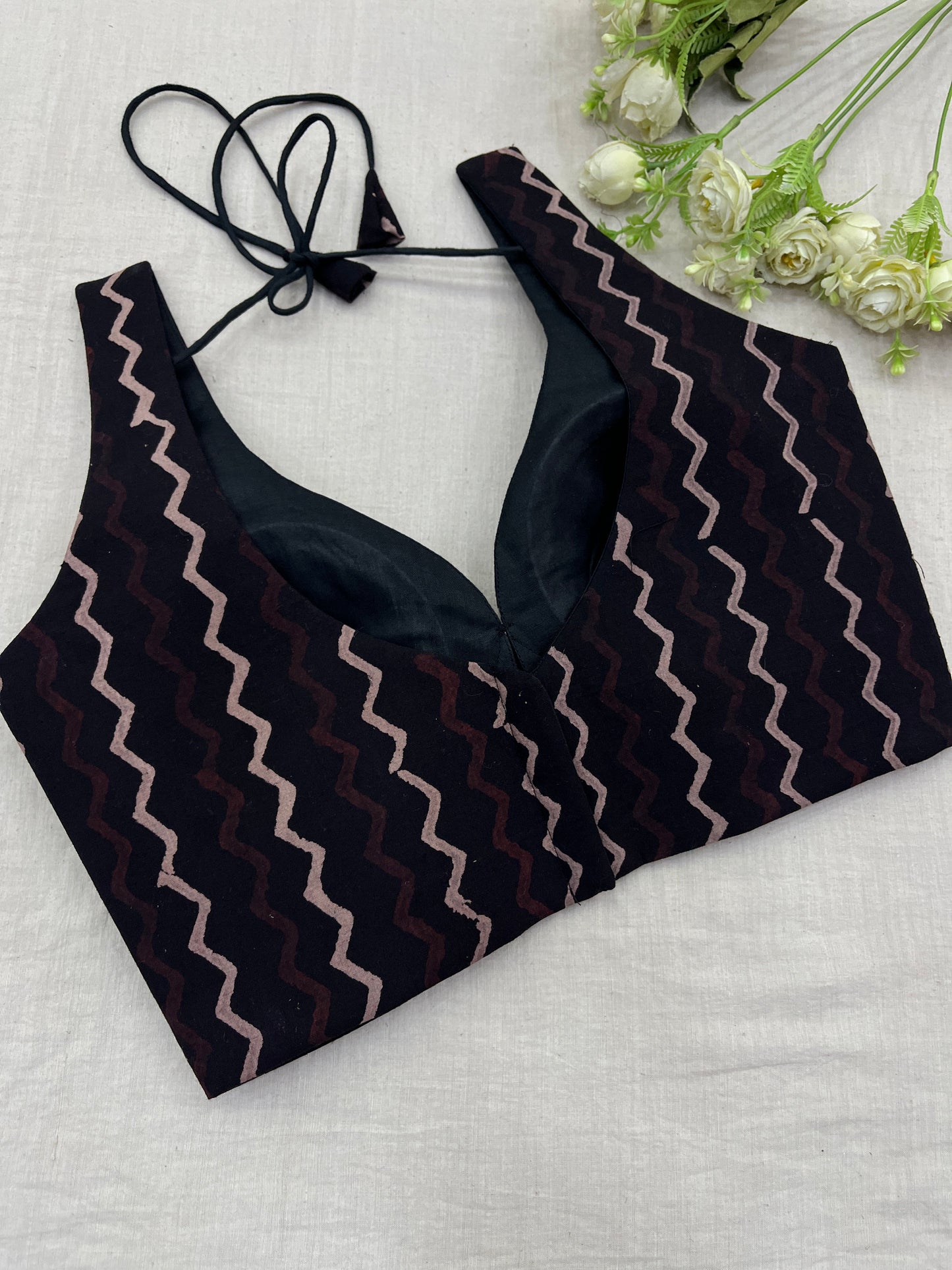 Black & Maroon Ajrakh Print Sleeveless Blouse