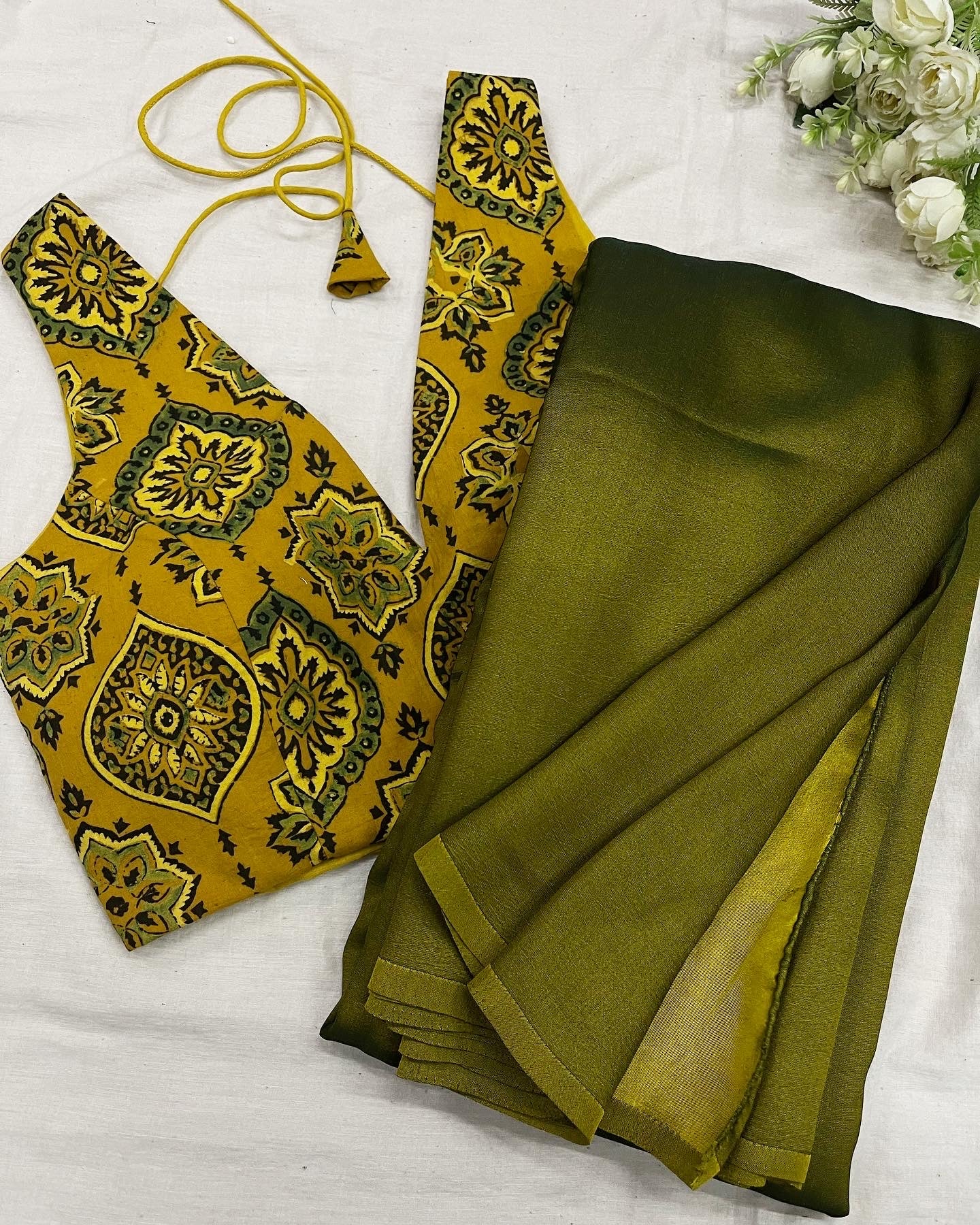 Olive Malai Silk Yellow Ajrakh Saree Blouse Combo Set.