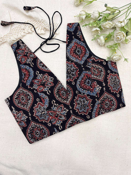 Maroon Black Ajrakh Badam Cotton Sleeveless Blouse