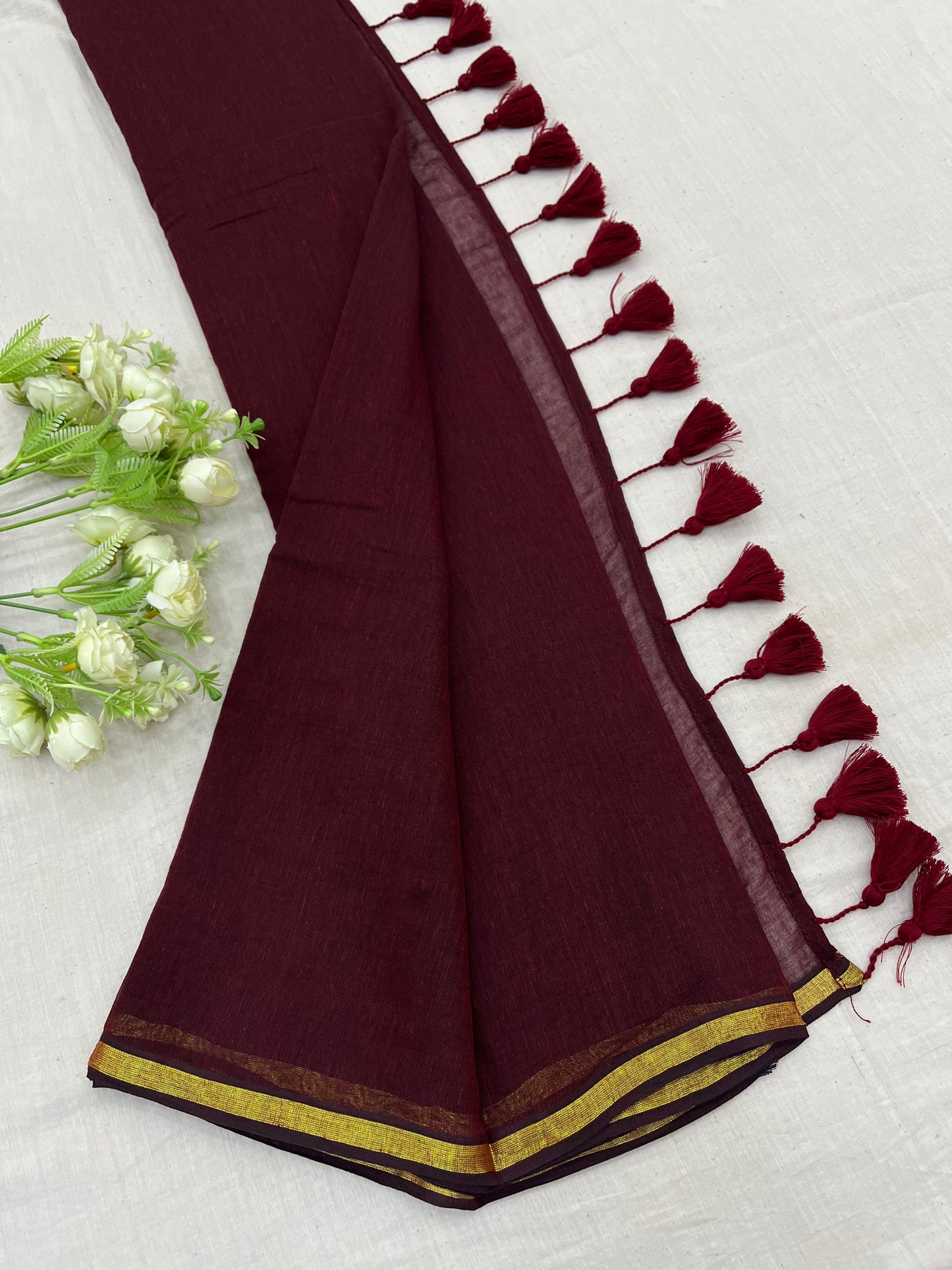 Maroon Gold Zari Border Mulmul Saree