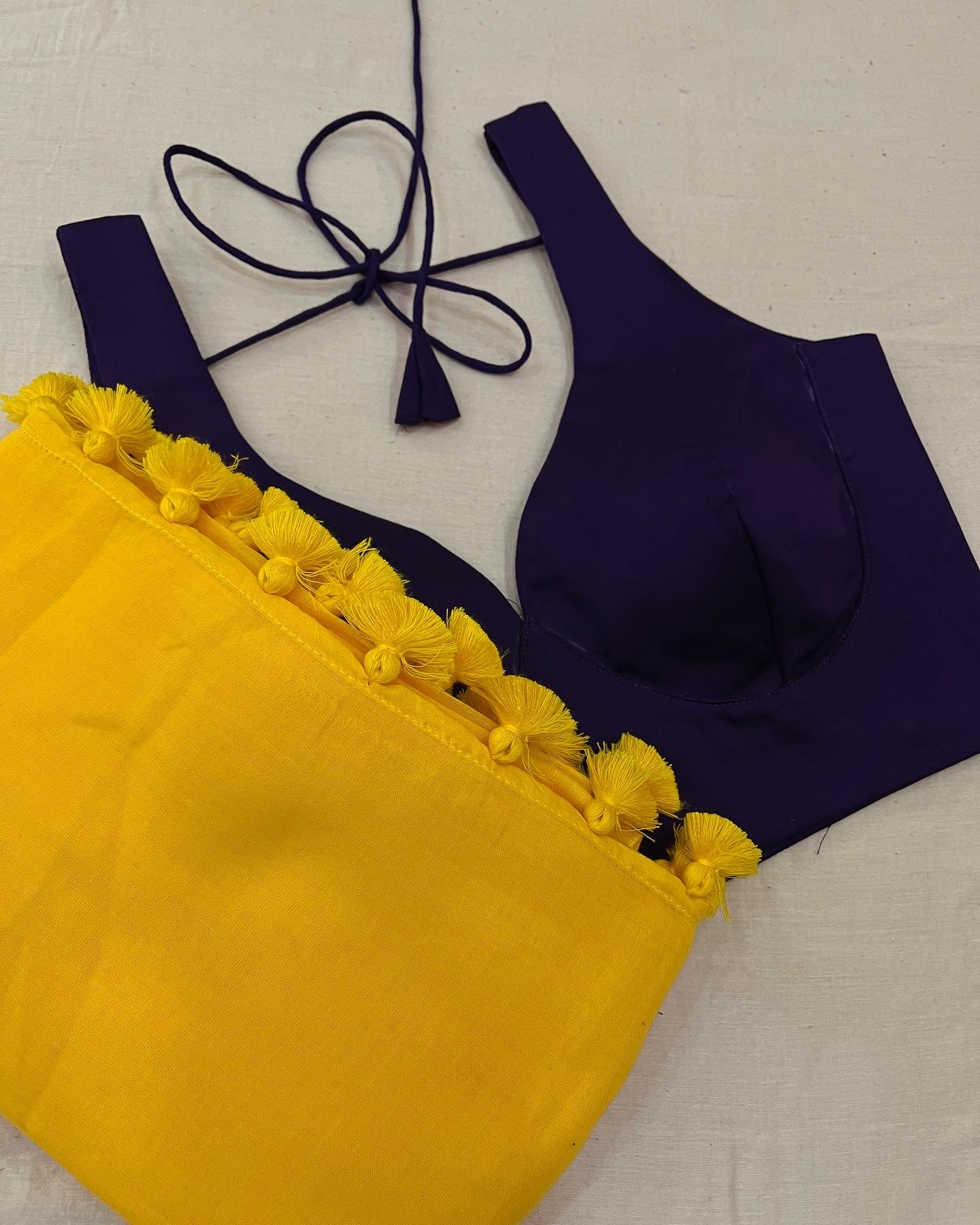 Yellow Purple Solid Saree Blouse Set