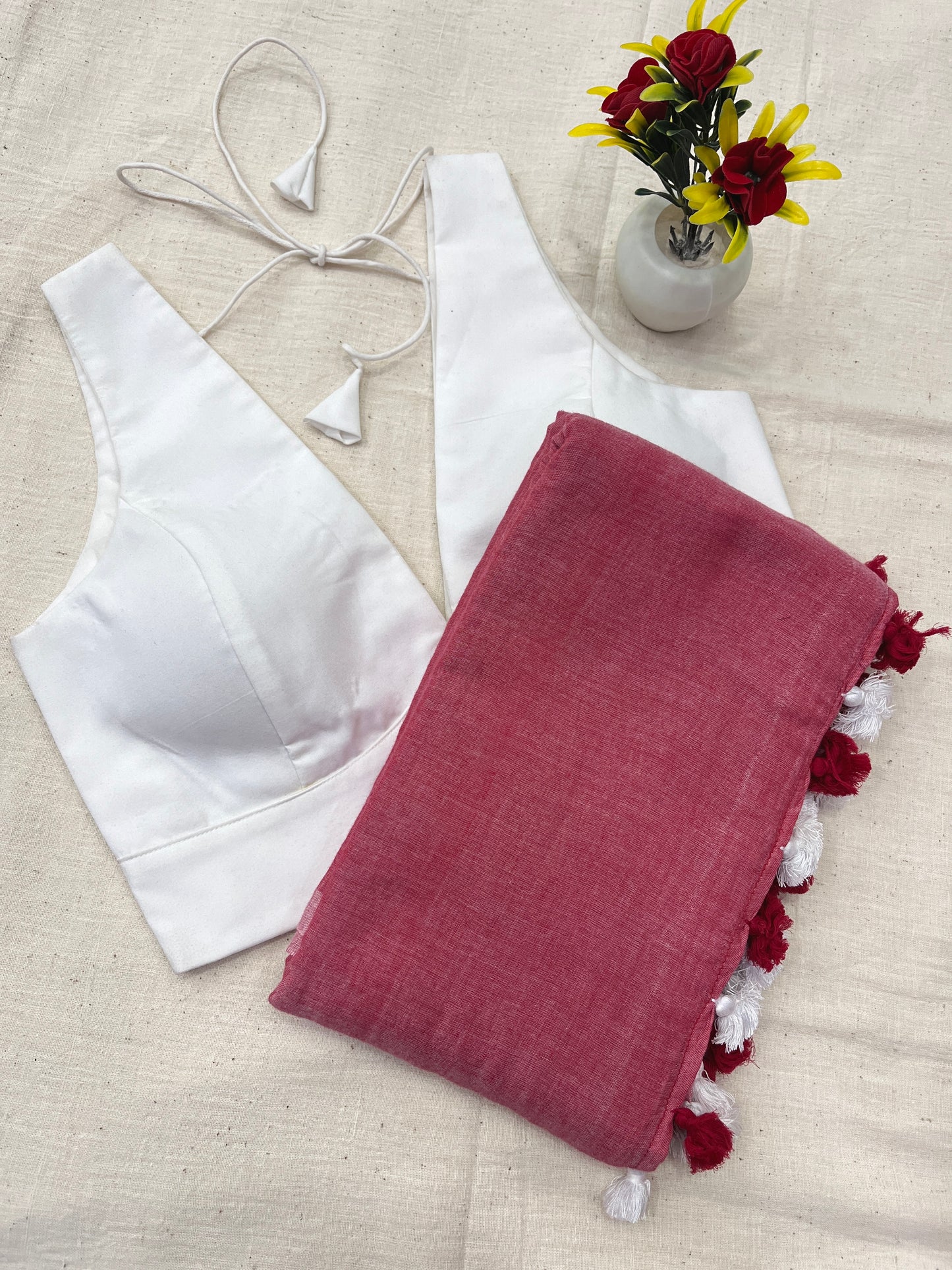 Watermelon White Saree Blouse Combo Set