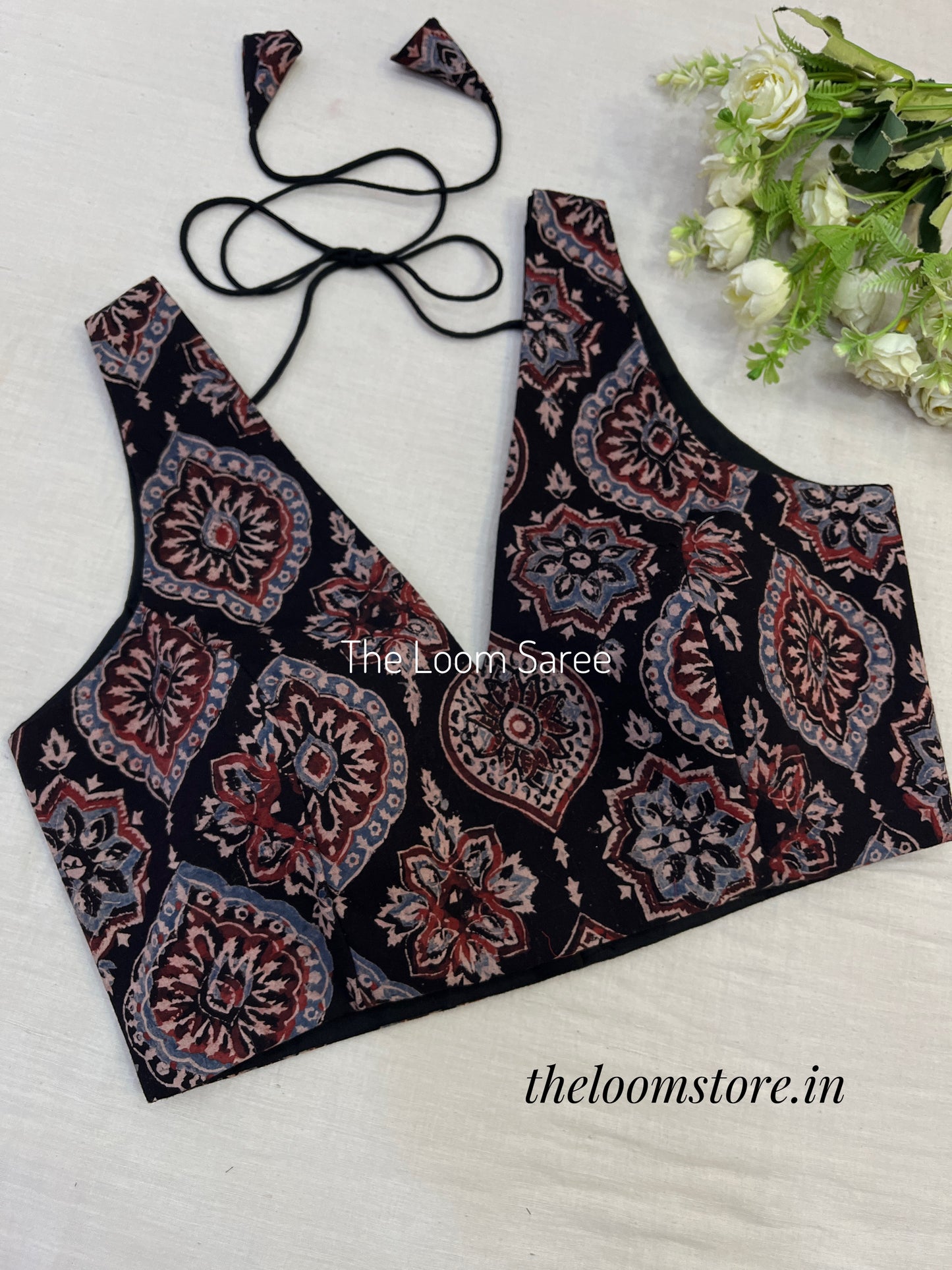 Oreo Shake Black Ajrakh Saree Blouse Combo Set