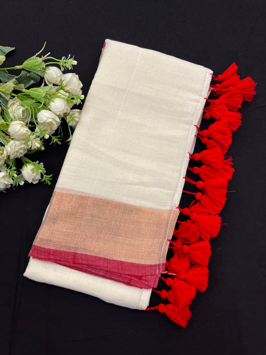 Amrapali Tissue Border Mulmul Saree With Red Tessles