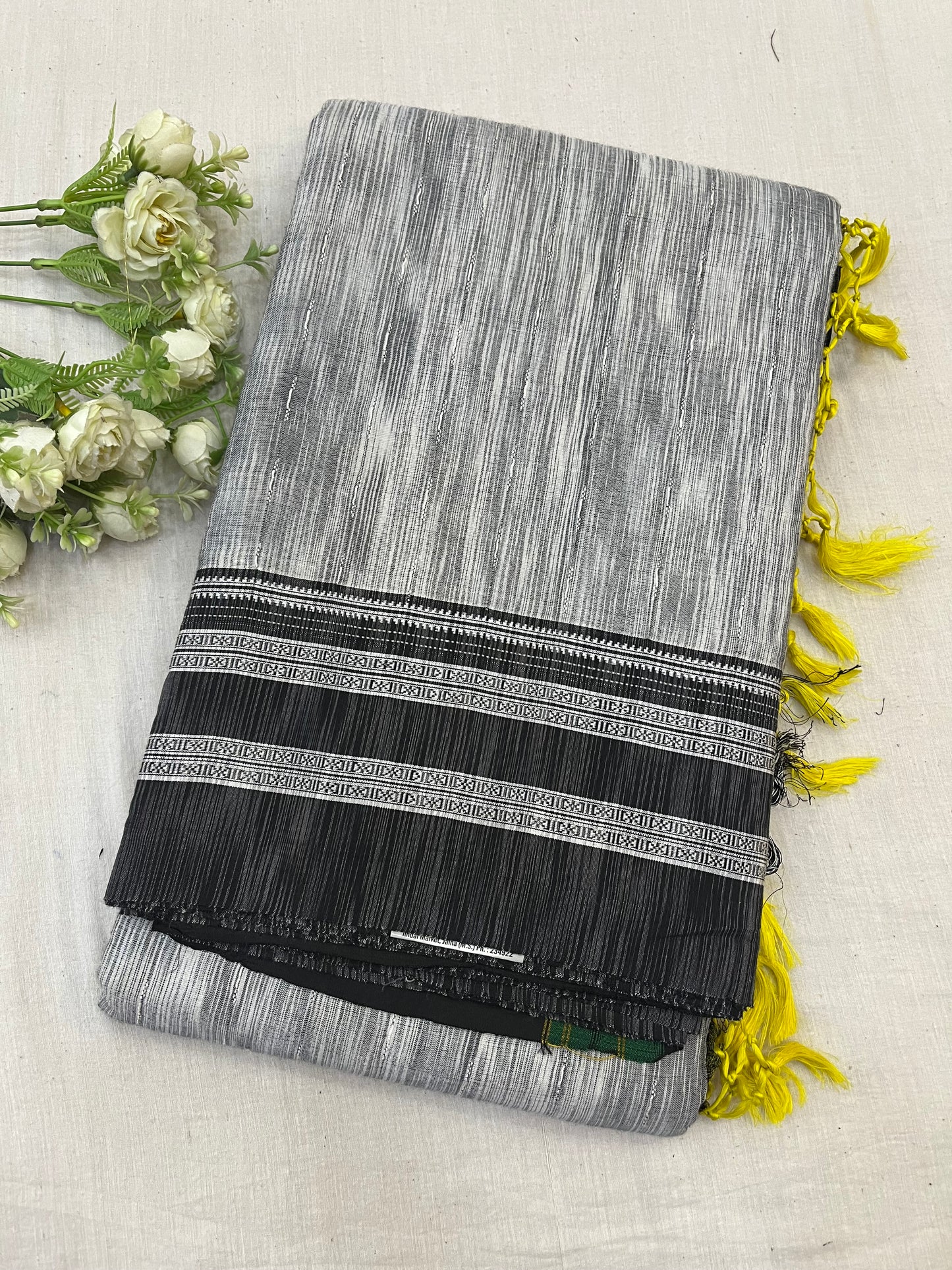 Grey Black White Lines Ilkal Saree