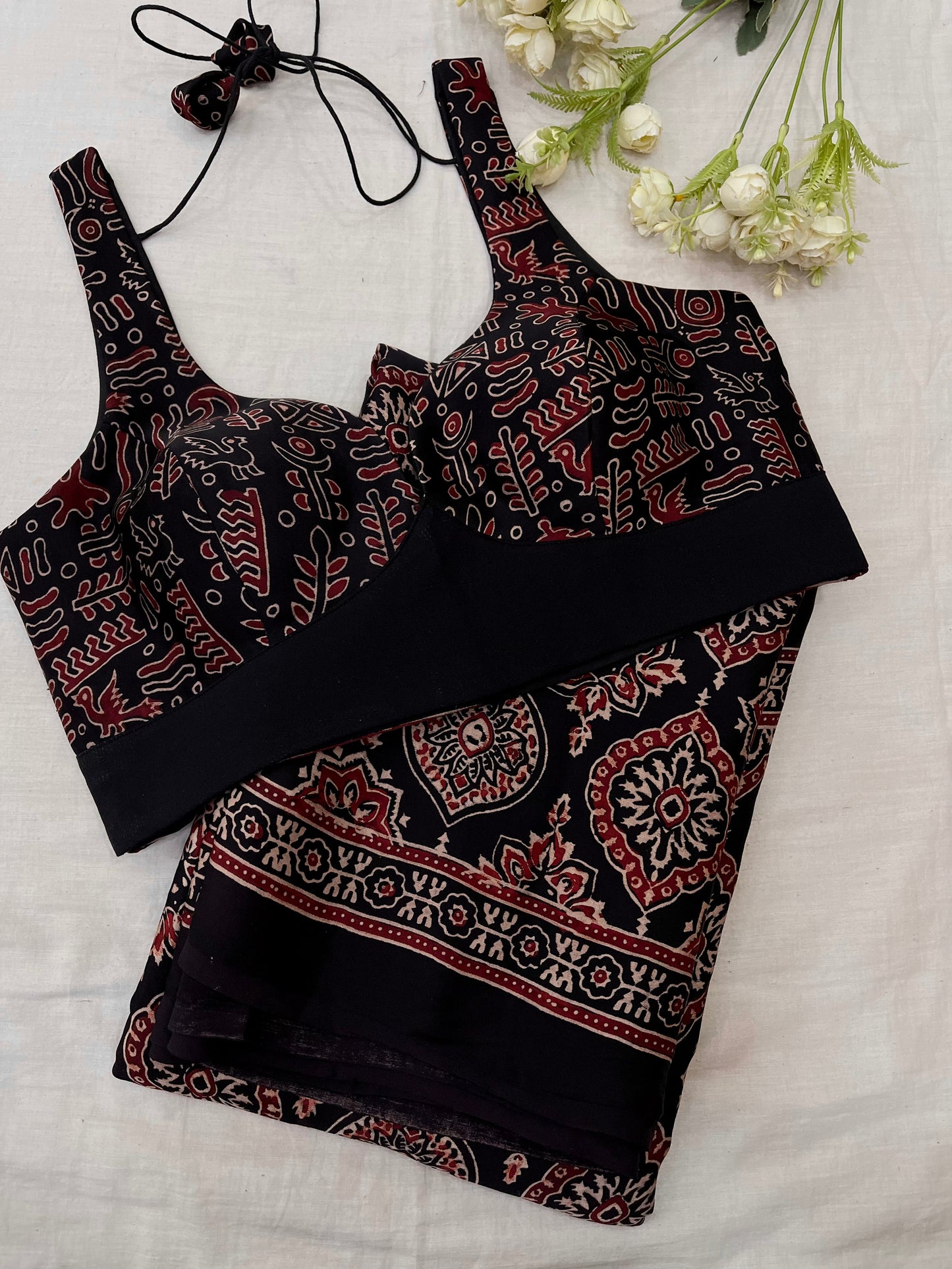 Black Maroon Badam Block Ajrakh Print Modal Silk Saree Blouse Combo Set