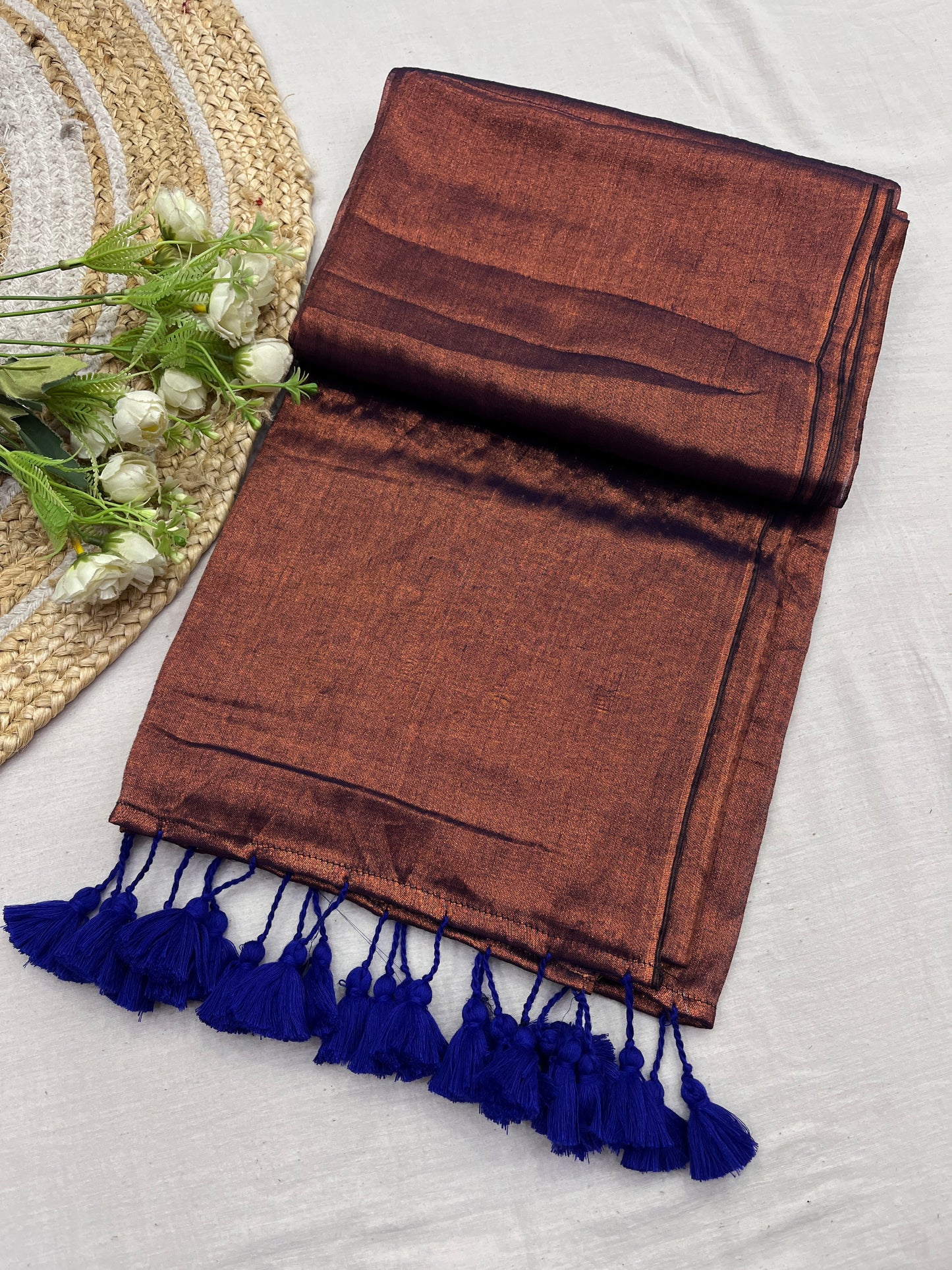 Blue Copper Tissue Mulmul Saree