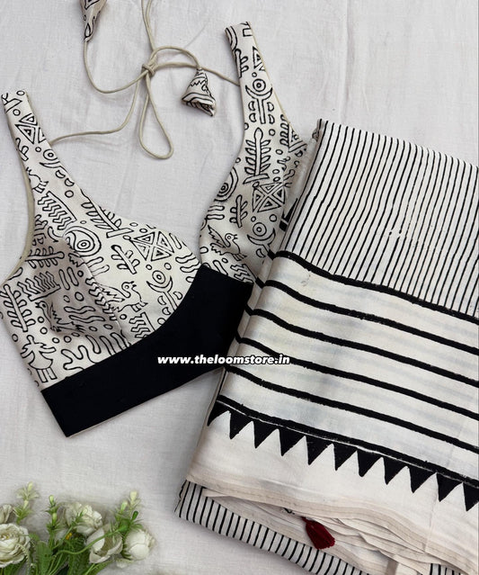 Creamy Dot Abstract Ajrakh Saree Blouse Set