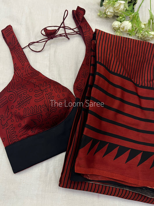 Bloody Red Abstract Ajrakh Saree Blouse Set