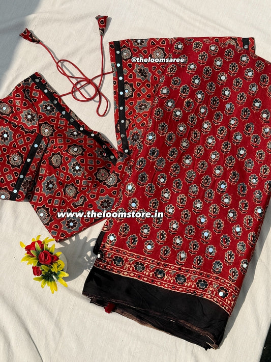 Darpanika Red Ajrakh Saree Blouse Set
