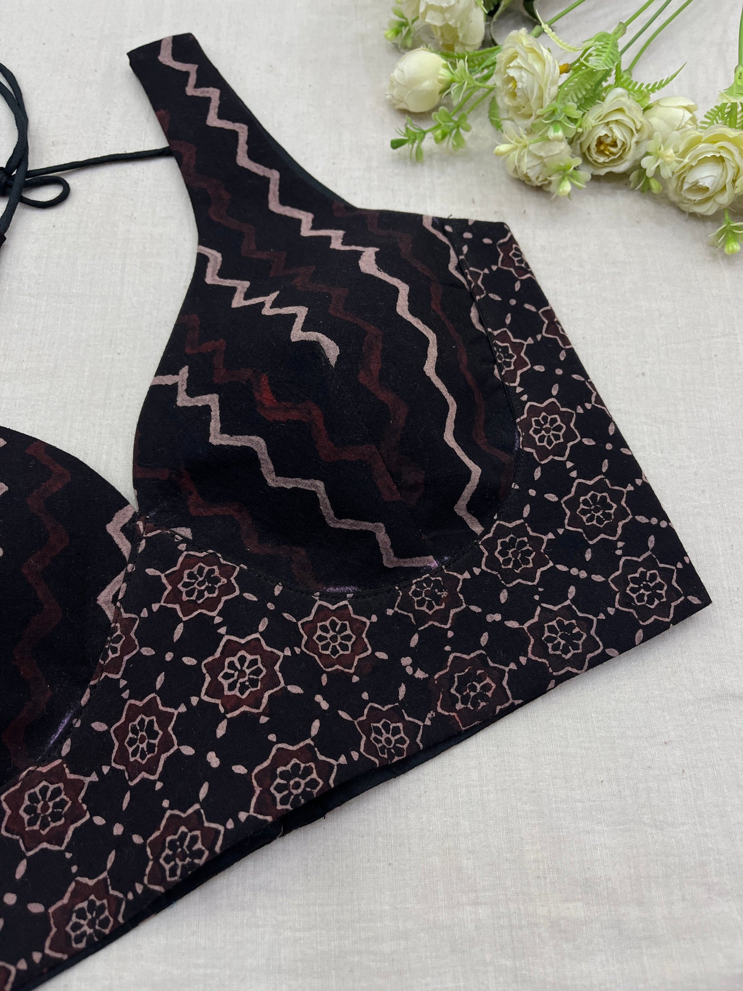 Black & Maroon Ajrakh Print Sleeveless Blouse