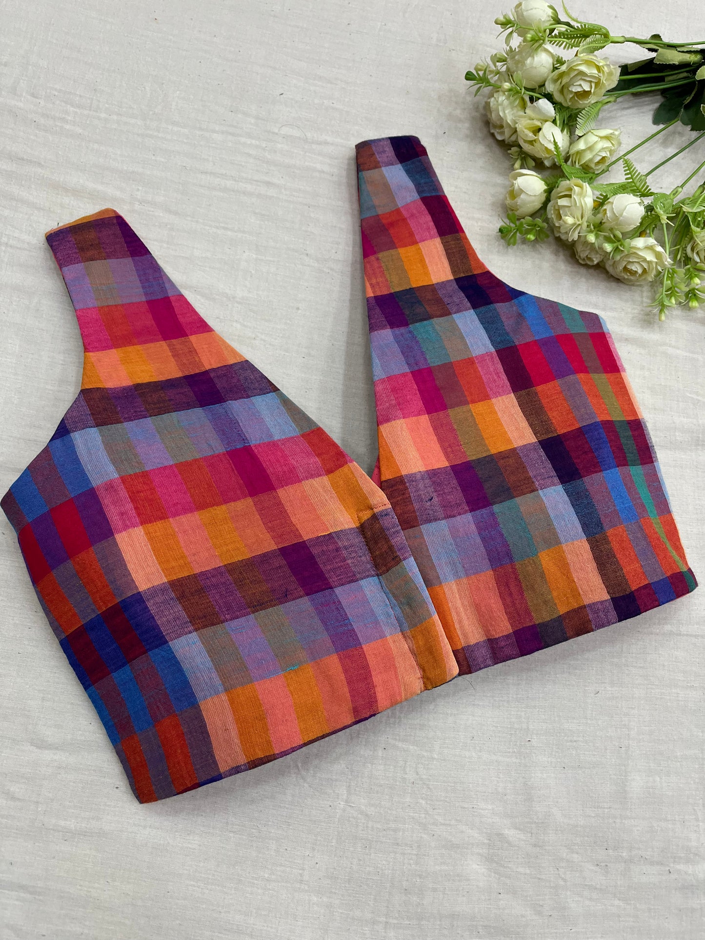 Rainbow Checks V-Neck Mulmul Cotton Sleeveless Blouse