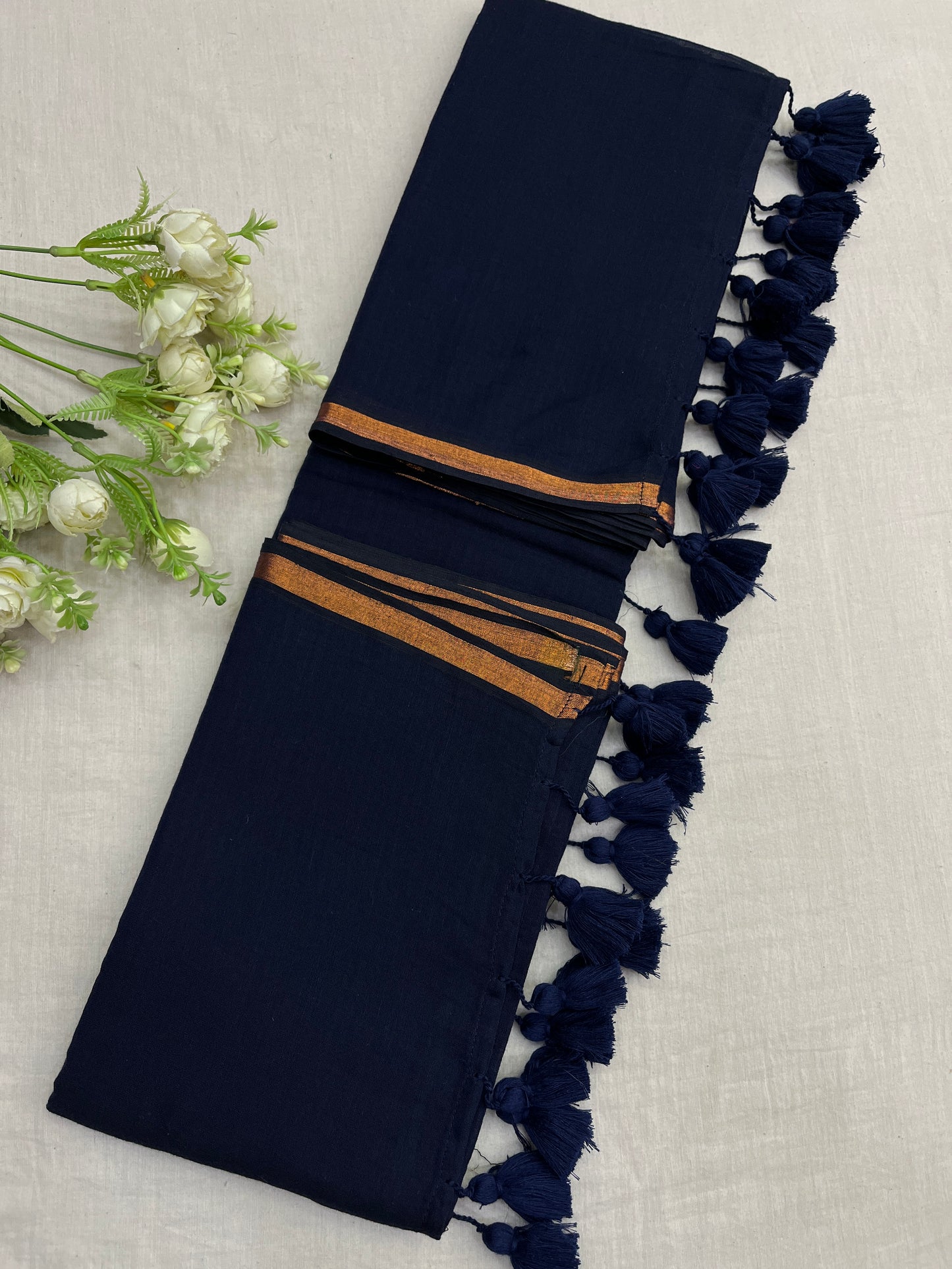 Navy Blue Copper Zari Border Mulmul Saree