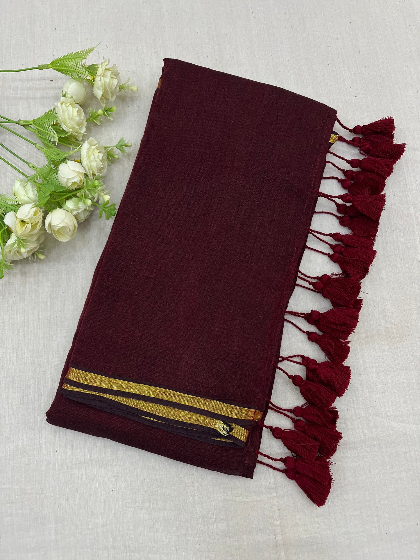 Maroon Gold Zari Border Mulmul Saree