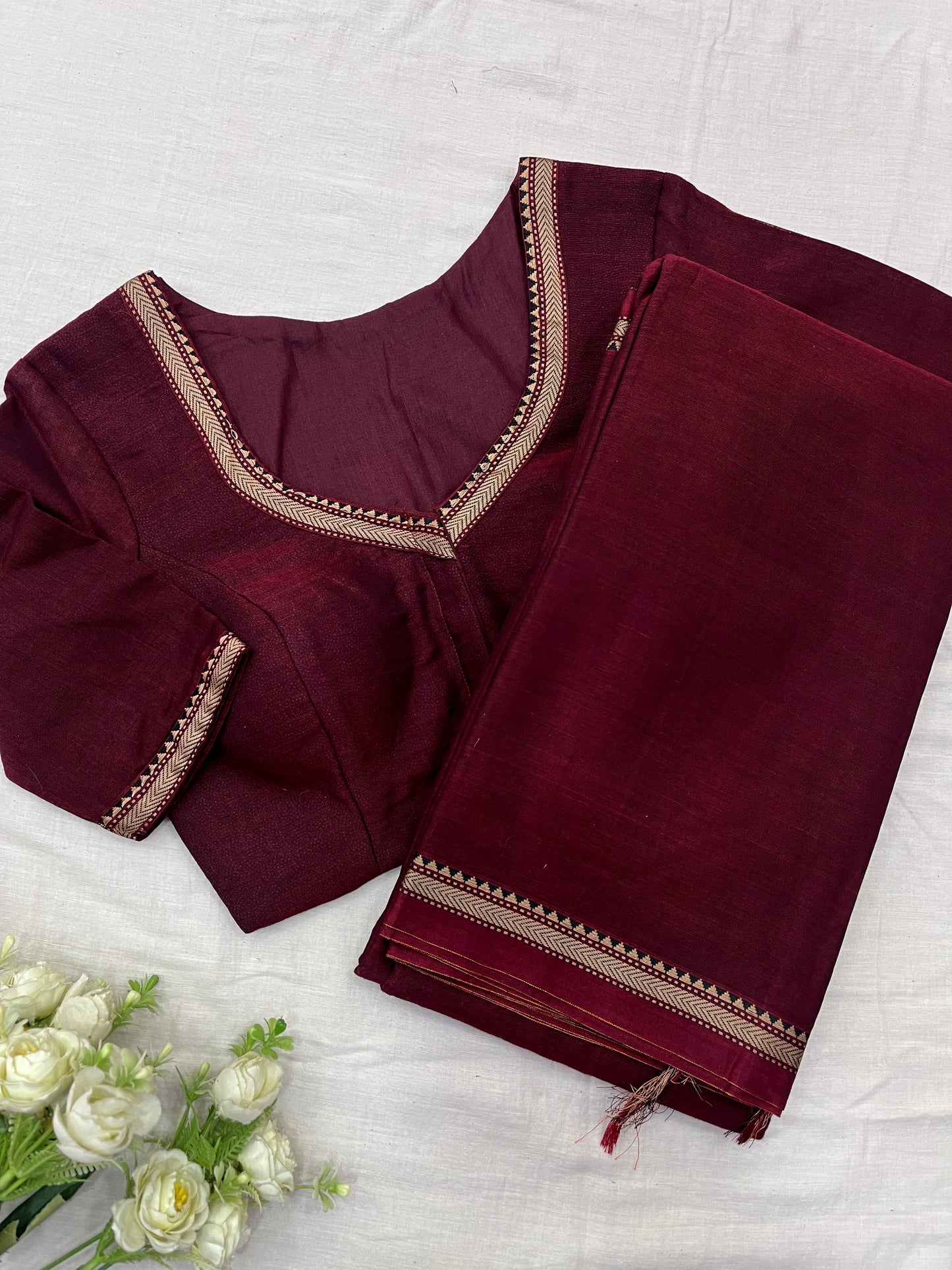 Maroon Narayanpet Saree Blouse Co-Ord Set