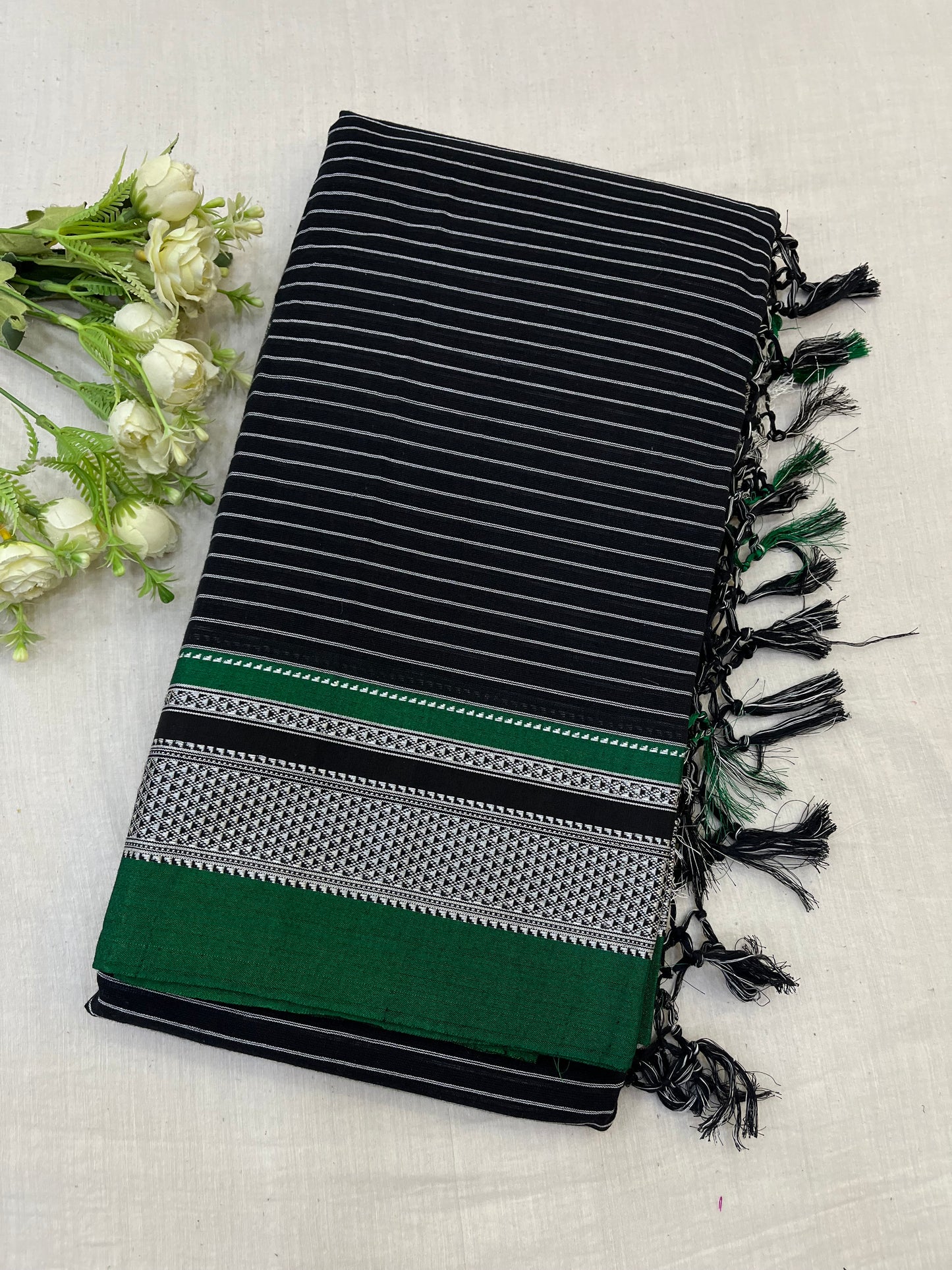 Black Green Stripe Ilkal Saree