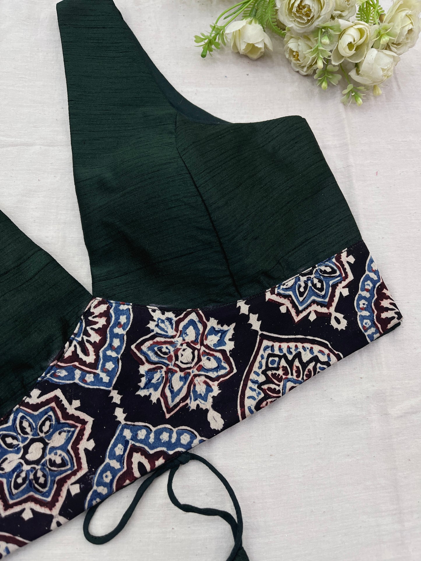 Green V Neck Ajrakh Belt Raw Silk Sleeveless Blouse