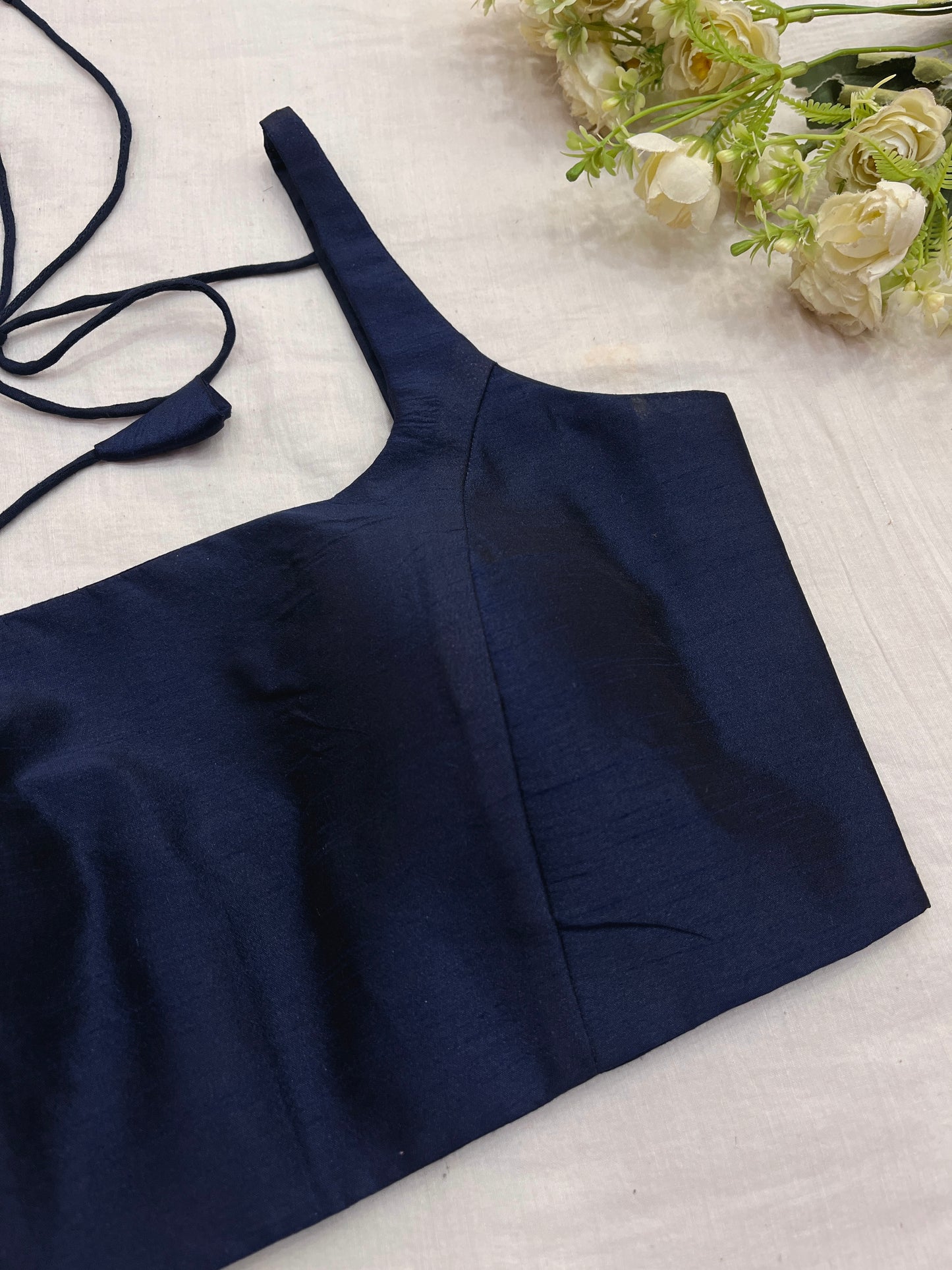 Navy Raw Silk Basic Strap Blouse