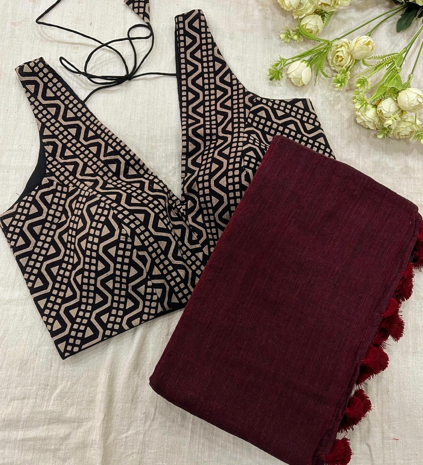 Maroon Saree With Black Dune Ajrakh Blouse Combo Set