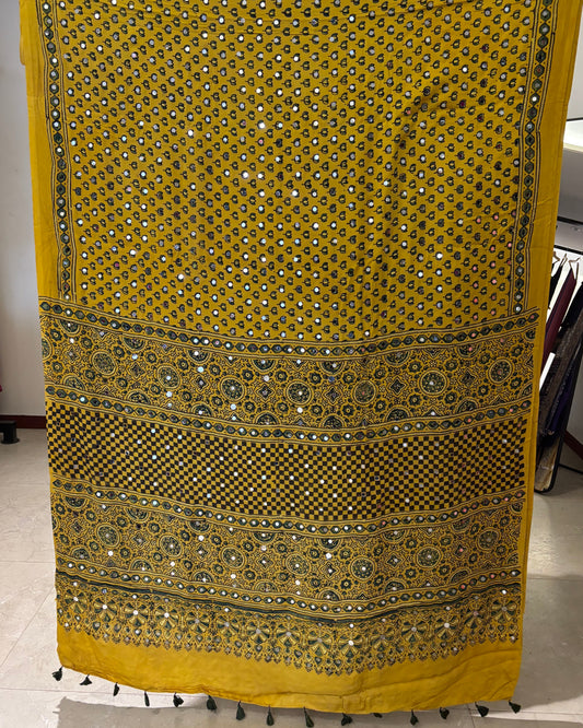 Lemon Yellow Lotus Ajrakh Mirror Saree (Pre-order Dispatch Starts 15th Aug 2026)