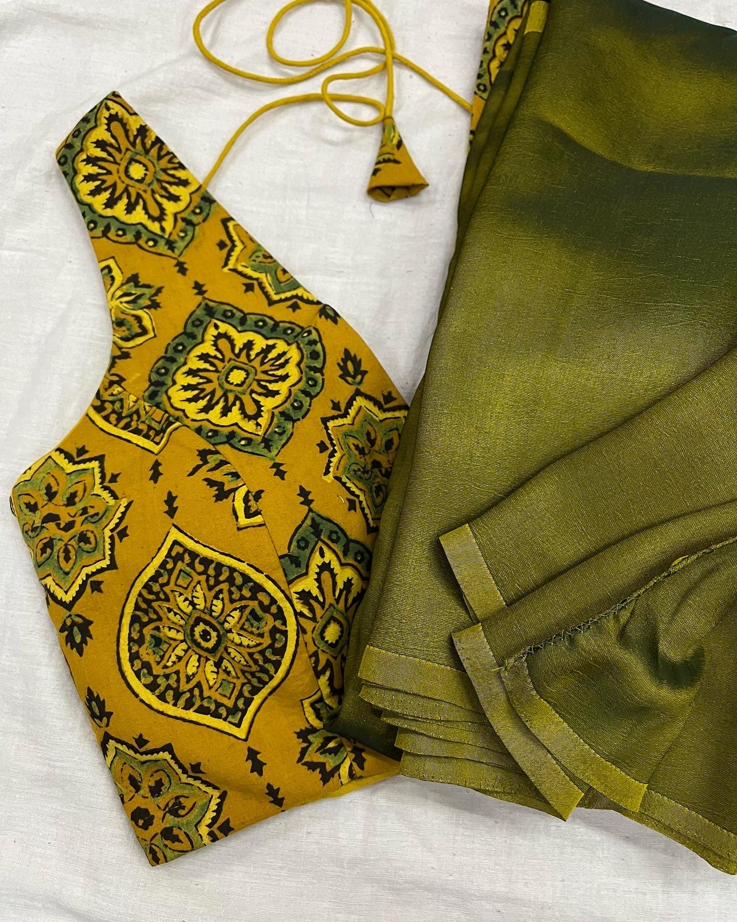 Olive Malai Silk Yellow Ajrakh Saree Blouse Combo Set.