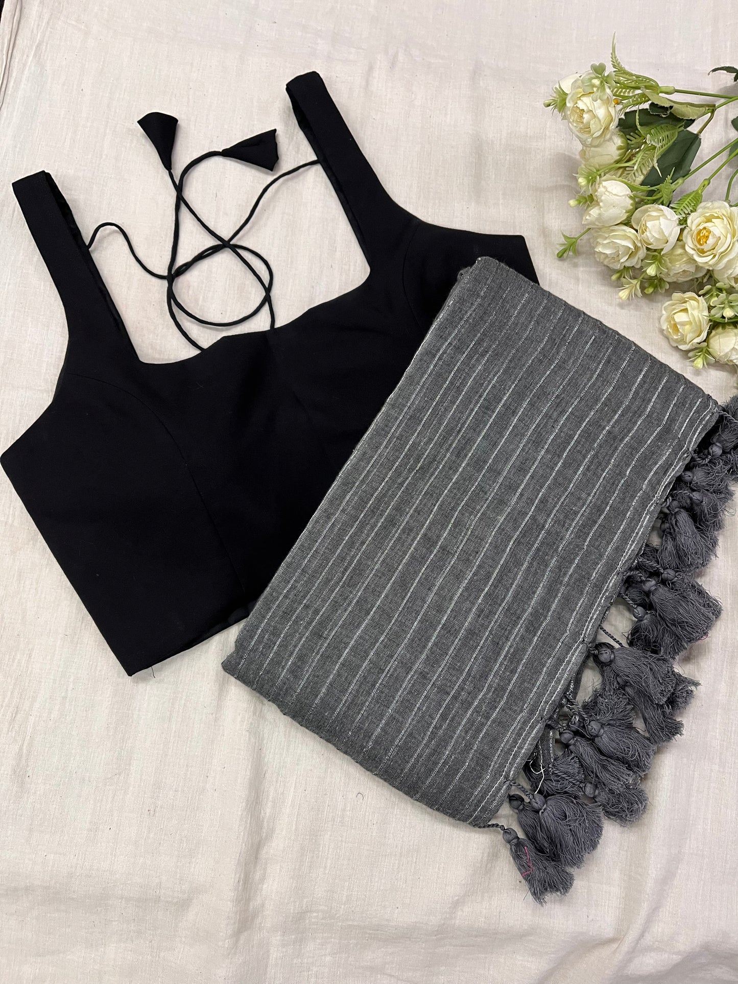 Grey Black Zari Lines Mulmul Strap Blouse Combo Set