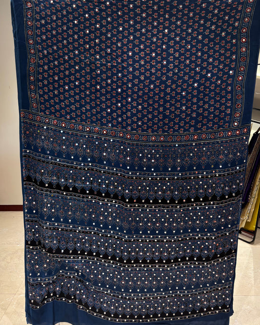Blue To Blue Lotus Ajrakh Mirror Saree (Pre-order Dispatch Starts 15th Aug 2026)